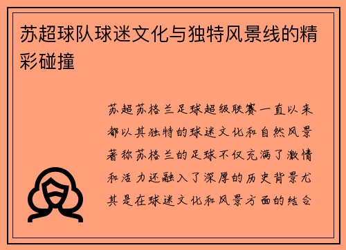 苏超球队球迷文化与独特风景线的精彩碰撞