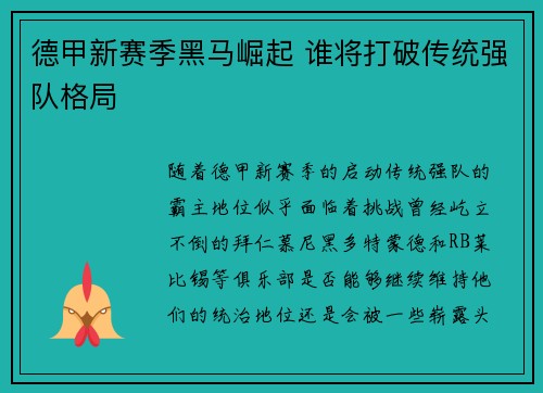 德甲新赛季黑马崛起 谁将打破传统强队格局